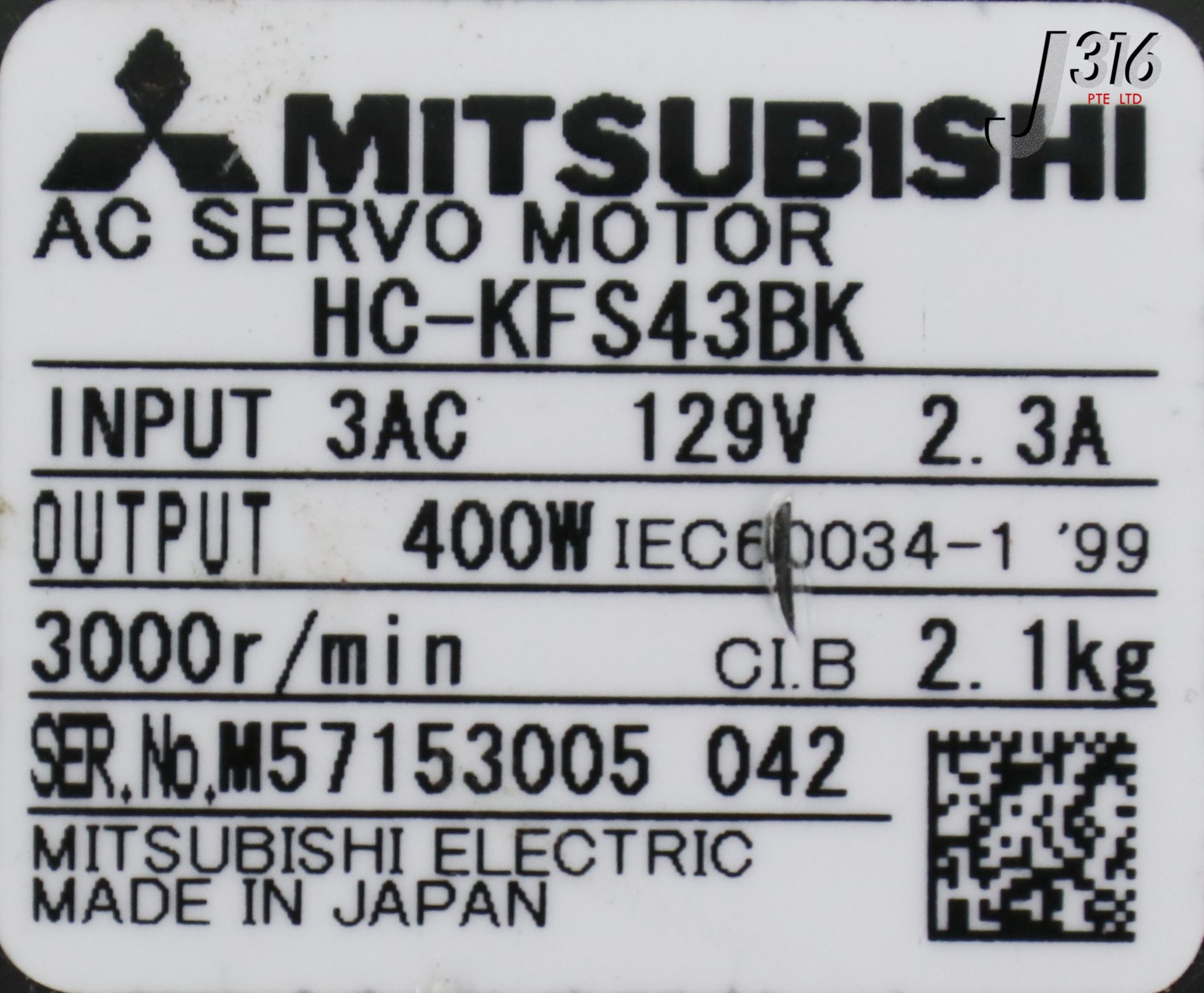 21841 MITSUBISHI AC SERVO MTR W/ GEARHEAD 129V 2.3A 400W 3000R/MIN